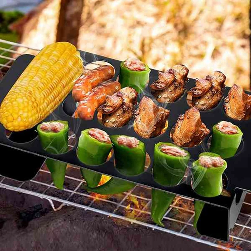 2-Pack 18 Hole Black Chili Grill Stainless Steel BBQ Chili Grill  Jalapeno Popper Rack With Handles