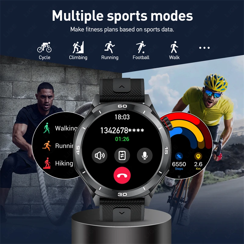 LIGE Men Smartwatch For Men Smart Watch Military Outdoor Sport AMOLED Screen Fitness Waterproof Watch Wireless Bluetooth Call