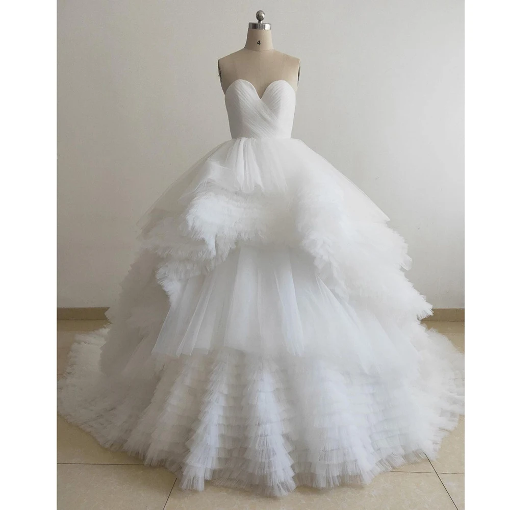 

Elegant White Fluffy Tulle Prom Dress Fashion Sweetheart Tiered Ruffles Pleated Ball Gowns Court Train Evening Party Dress