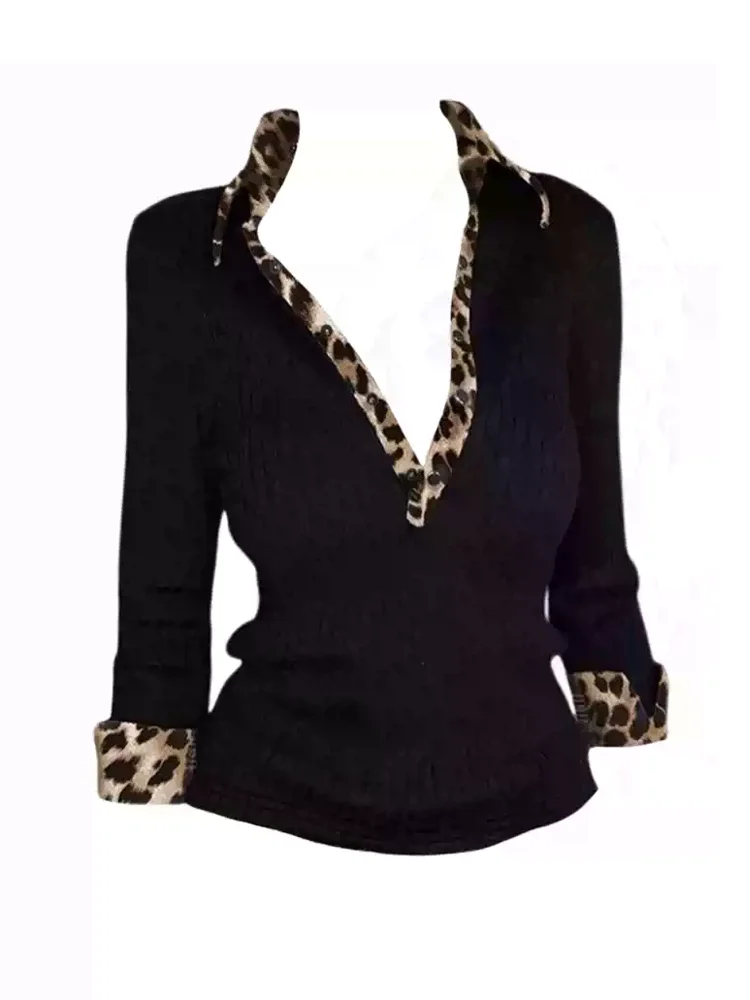 

Women's Black Gothic Leopard Pattern Knitted Sweater V-neck Long Sleeve Y2K Harajuku High Street Retro Warm Top Knitted Clothing