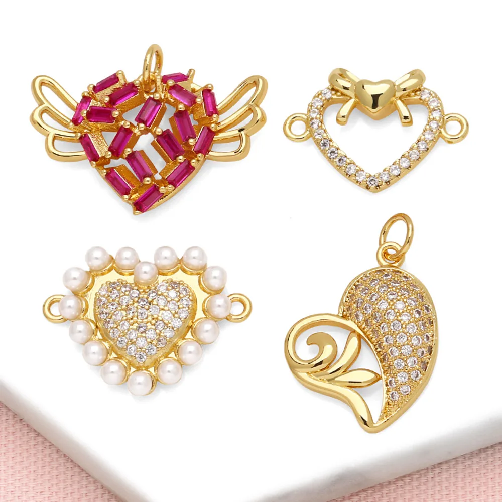 OCESRIO Fuchsia Crystal Angel Heart Pendant for Necklaces Copper Gold Plated Pearl Heart DIY Jewelry Making Supplies pdtb607