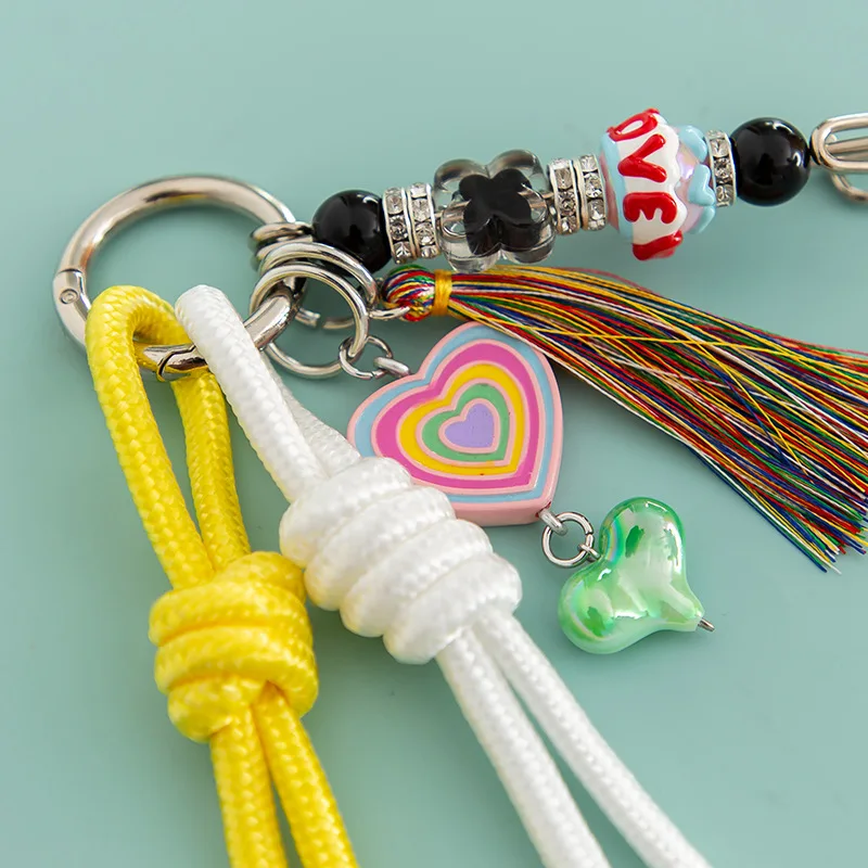 Y2K Woven Rope Keychain Bag Decoration Hanging Keychain Korean Style Acrylic Bead Heart Tassel Phone Case Bag Charms