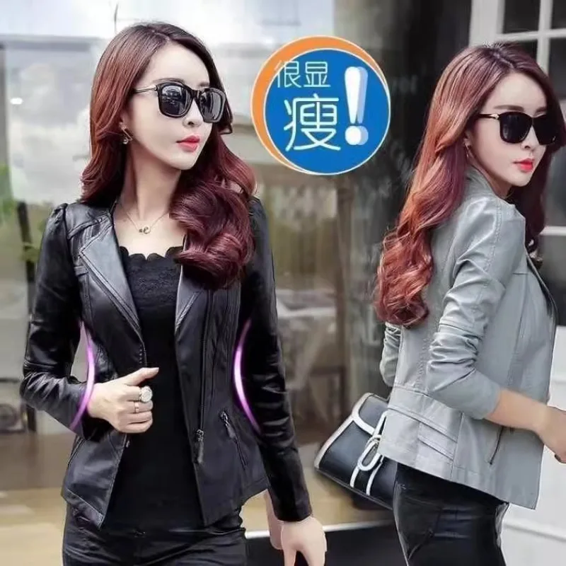 Chaqueta de cuero negro de otoño 2025, chaqueta de motocicleta adelgazante de manga larga para mujer, abrigo de mujer con cremallera y bolsillos de estilos cortos de PU