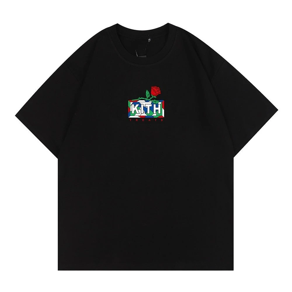 

KITH ROSE BOX LOGO Красная роза с принтом двухжирных футболок из чистого хлопка с короткими рукавами для мужчин и женщин, повседневные