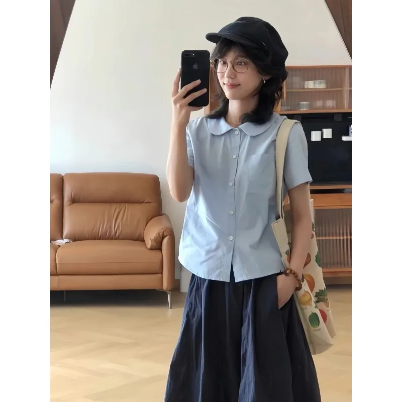 

Women's Cotton Peter Pan Collar Short Sleeve Shirt Summer French Sweet Age-reducing Slim-fit Cropped Blouse Casual Daily Tops