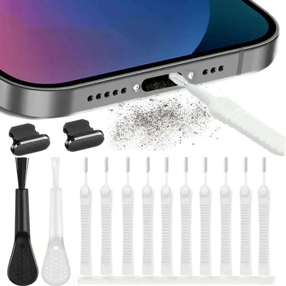 13/10PCS Cell Phone Charging Port Dust Plug with Cleaning Brush for iPhone 14 Pro Max Samsung Xiaomi iOS Type C Cleaner Set
