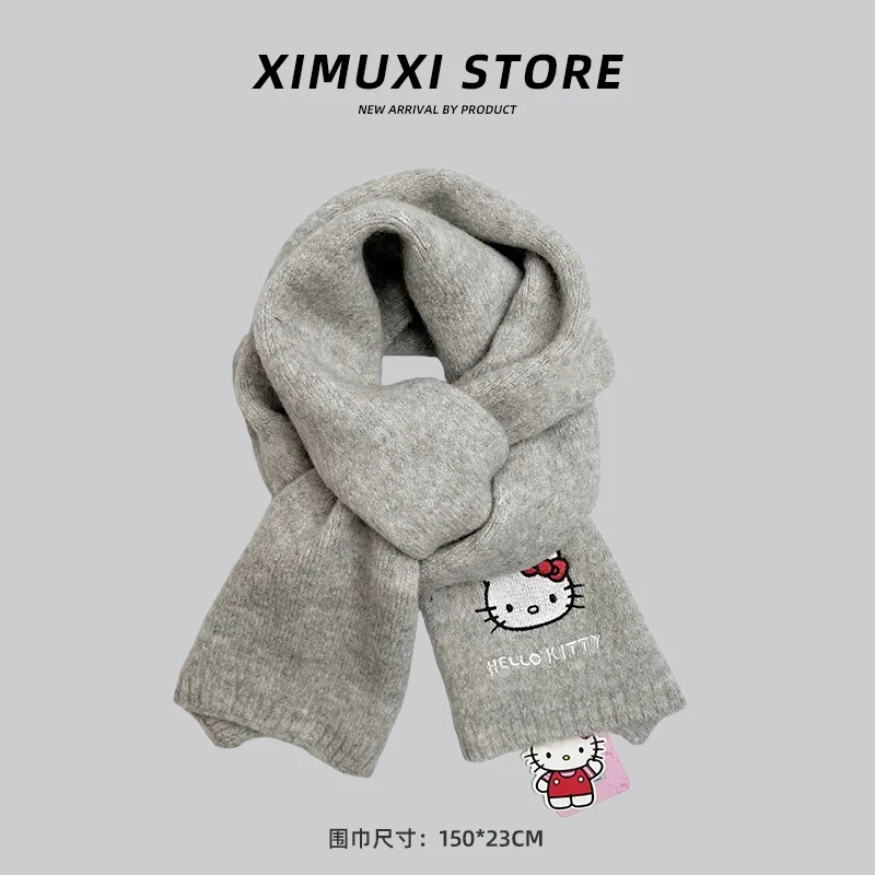 Sanrio Hello kitty Cartoon Knitted Scarf Winter Cute Going Out Thickening Warmth Student Work Kawaii Couple Birthday Gift