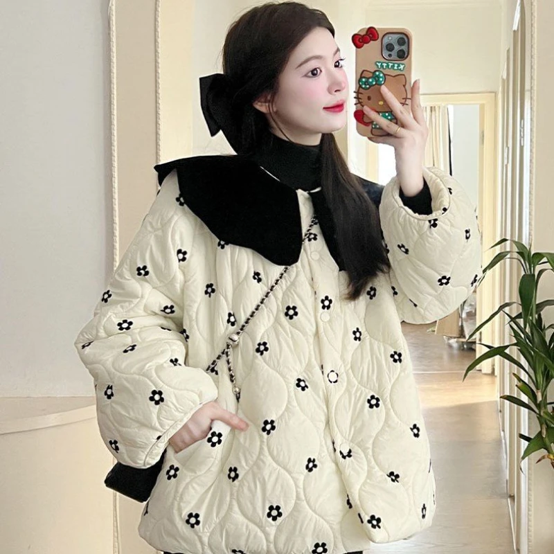 Korean Style Fashion Sweet Doll Collar Cotton Jackets for Women Autumn Winter Vintage Elegant Loose Casual Floral Printed Coats