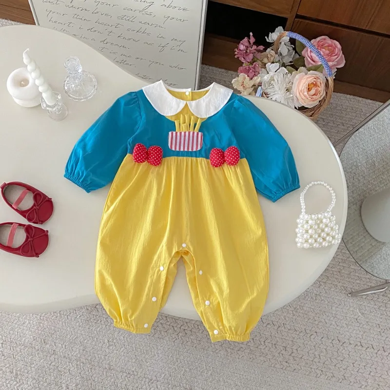 2025 New Autumn Cute French Fries Doll Collar Long-sleeve Romper for Baby Girls - Suitable for Outdoor Wear