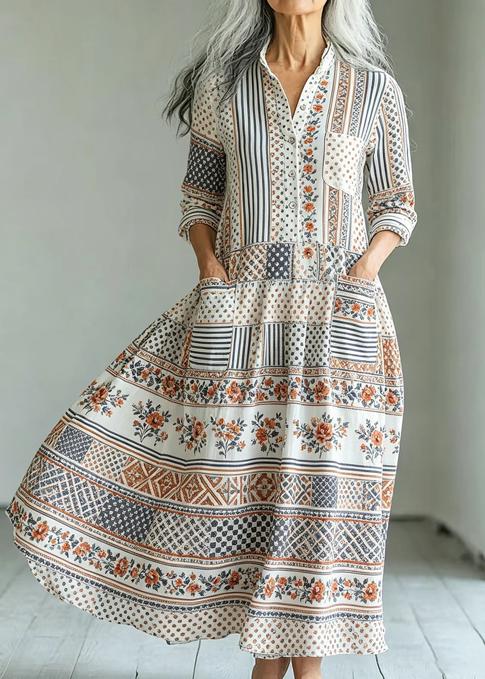 

Women's Bohemian Print Maxi Dress For Women Fashionable New Versatile Long-Sleeved Loose Dress for Autumn Winter with Pockets
