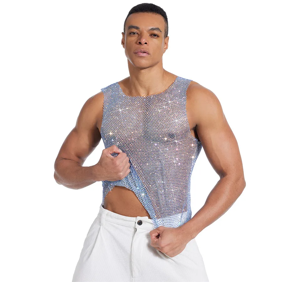 

See Through Men Mesh Vests Hollow Out Knitted Crystal Tank Tops Elastic Slim Fit Tees Mens Summer Nightclub Stage T-shirt