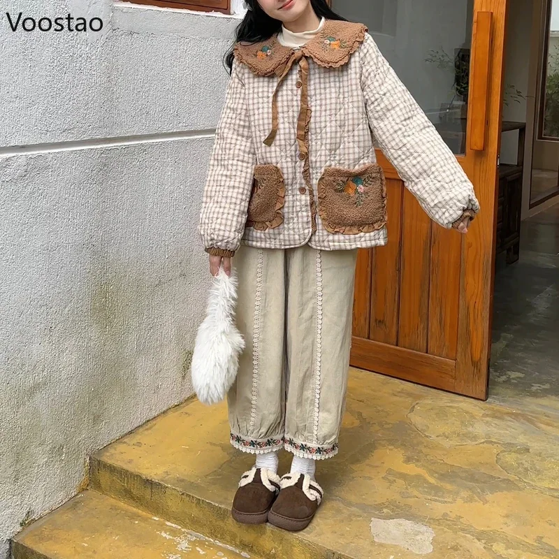 Mori Girl Style Vintage Corduroy Wide Leg Pants Women Casual Flower Embroidery Wide Leg Trousers Girls Harajuku Loose Pantalon