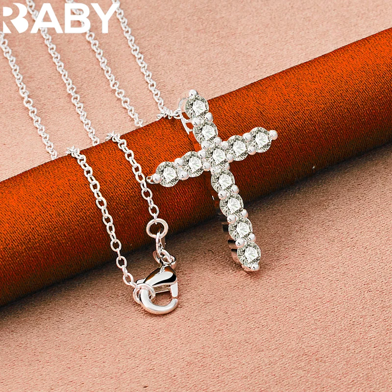 

URBABY 925 Sterling Silver 16-30 Inch Chain AAA Zircon Cross Pendant Necklace For Women Fashion Charm Wedding Party Jewelry