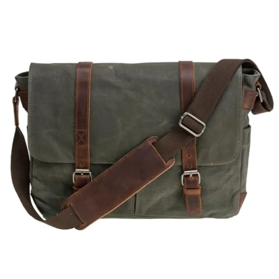 Vintage Genuine Leather Waxed Canvas Briefcase Large Satchel Shoulder Bag Rugged Computer 15.6" Laptop Bag