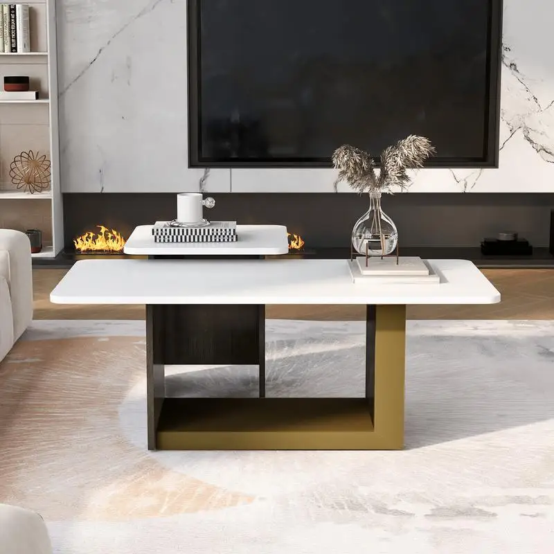 طقم طاولة قهوة فاخرة وحديثة مكونة من قطعتين، طاولة نهاية قهوة مربعة صغيرة مع سطح واسع لغرفة المعيشة، مركز أنيق