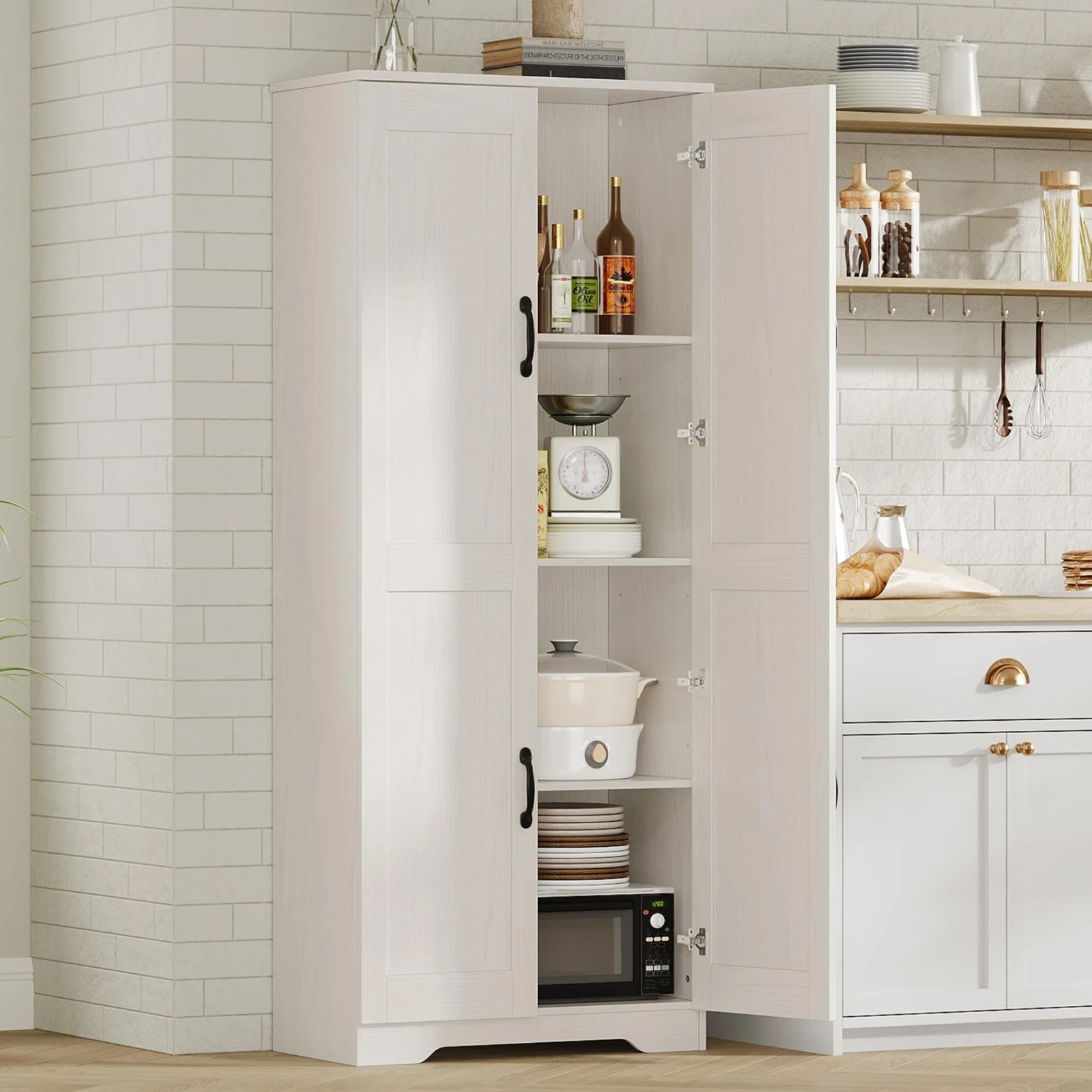 

60" Large Kitchen Pantry with Adjustable Shelves, Farmhouse Tall Storage Cabinet