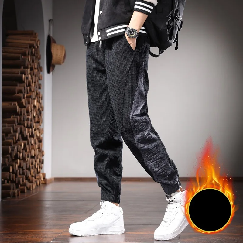 Winter Men's Warm Fleece Sweatpants Black Plaid Corduroy Pants Fashion Sports Baggy Elastic Waist Drawstring Jogging Trousers