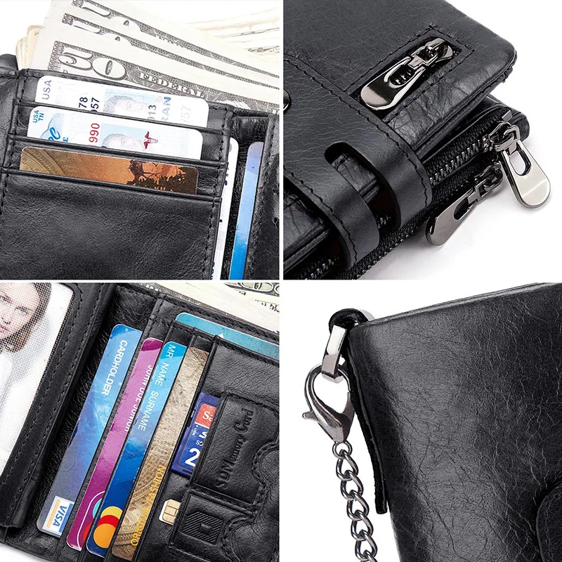 HUMERPAUL Men Bifold Wallet with 2 Bill Comparments Cowhide RFID Male Money Card Holder Purse Short Double Zipper Coin Pockets