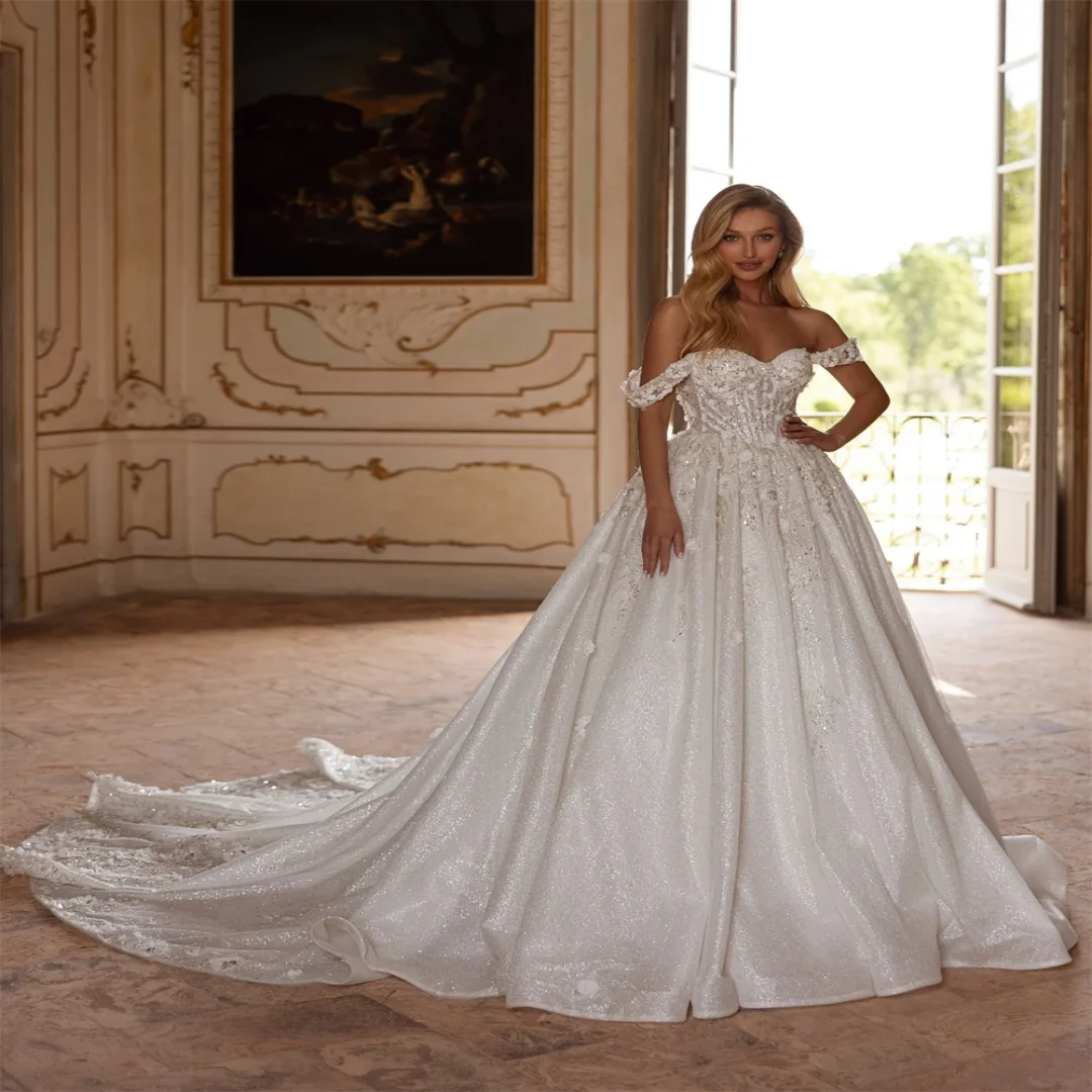 

Customized Luxury Satin Sweetheart Wedding Dress Cap Sleeve Vestido De Novia Elegant Off the Shoulder Bridal Gown for Woman