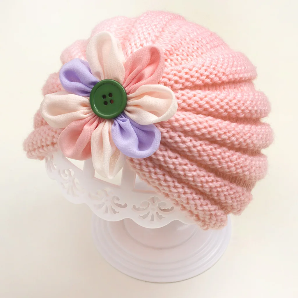 Fashion Flower Infant Striped Hats Soft Knitting Button Stitching Wool Caps Clothing Decoration Baby Corchet Turban Accessories