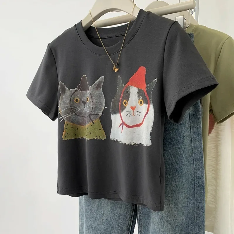 Women's Cat Print Crop Top T-Shirt - Short Sleeve