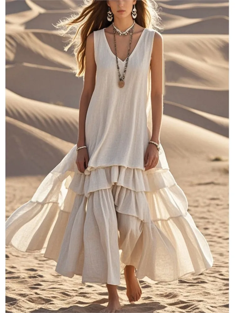 Retro Cotton Linen Pleated Long Dress Woman Spring Fashion V Neck Loose Maxi Dress Summer Solid Sleeveless Tank Boho Beach Dress