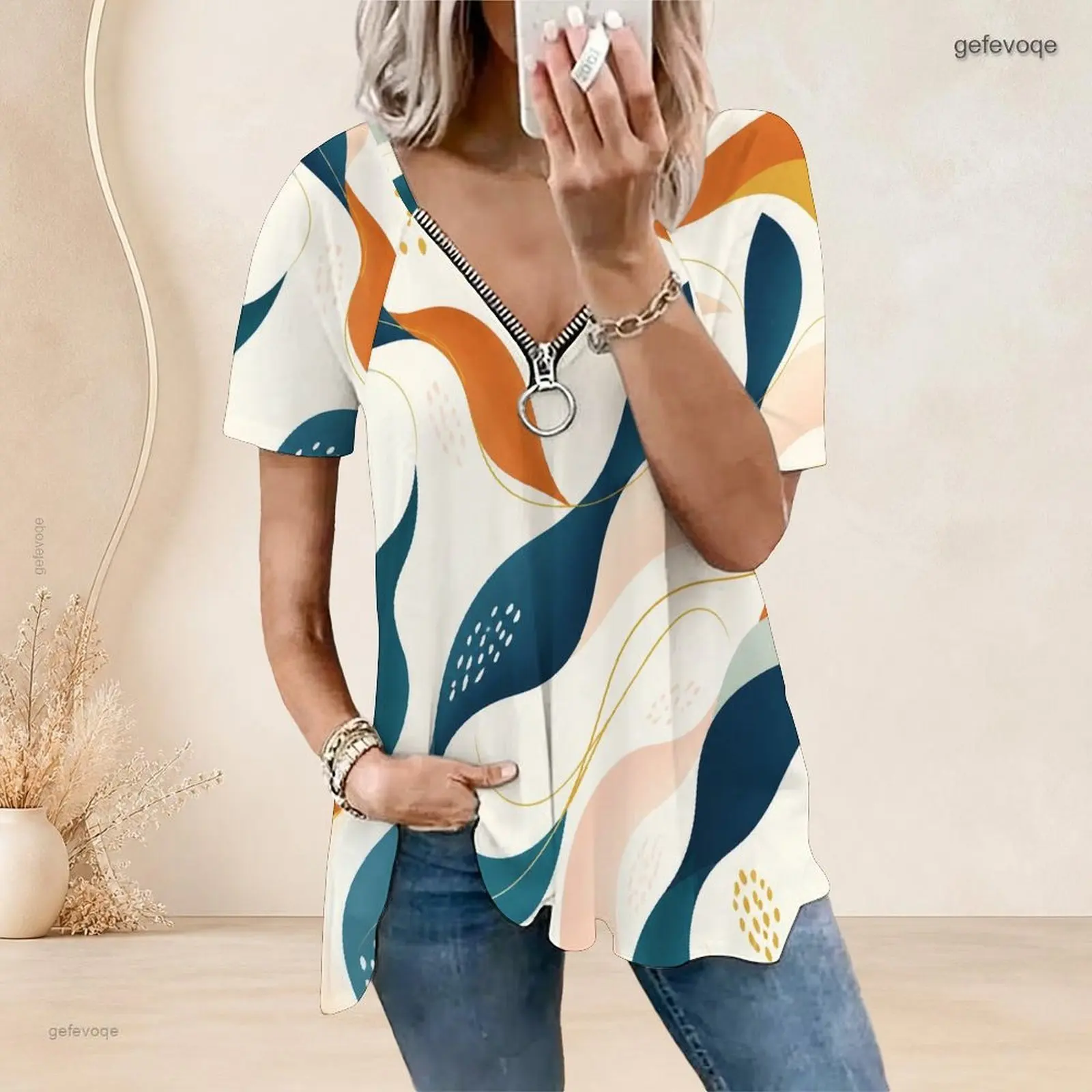 V Neck Ring Zip Short Sleeve Curved Hem Loose Fit Printed Top for Women