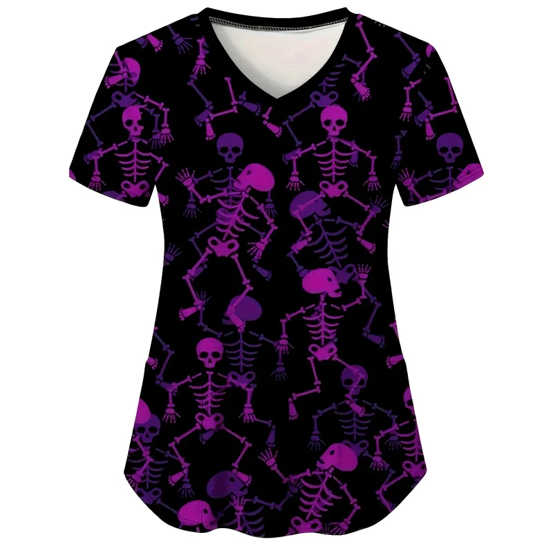 Halloween Women Scrub Top, Purple Dancing Skeleton Pattern Short Sleeve V‑Neck Nursing Work Uniform for Medical Staff