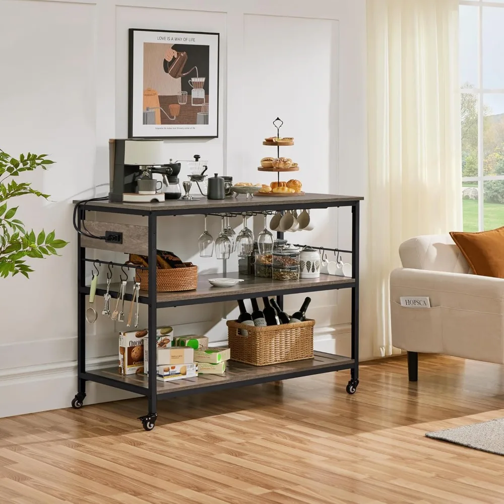 Kitchen Cart with Power Outlet, Rolling Kitchen Island on Wheels with Glass Holder & Hooks for Small Space, Trolley C