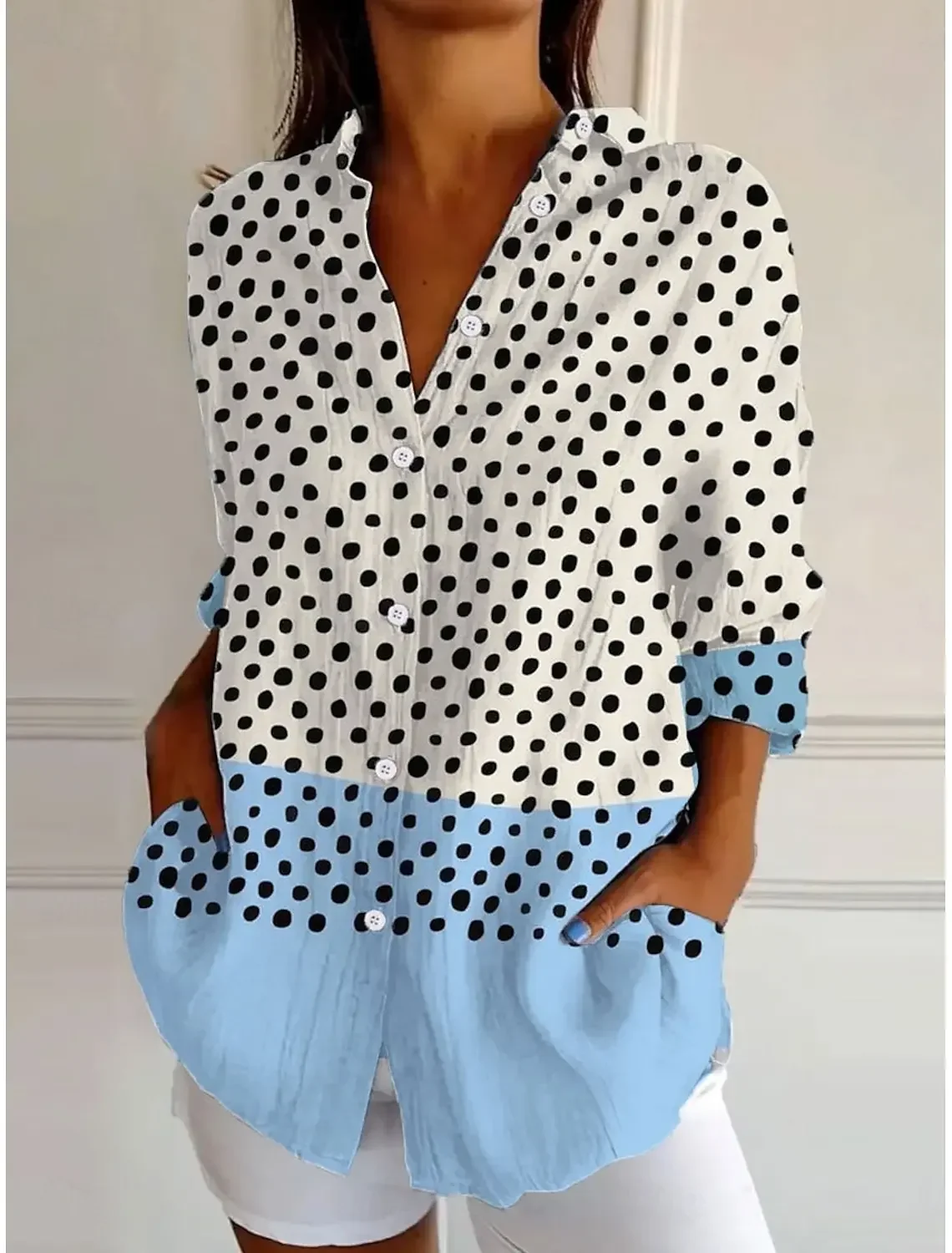 2025 Women Shirts Spring Summer Dot Graphics Blouse Lapel Neck Blouse Women's Long Sleeve Shirts Womens Clothes Female Clothing