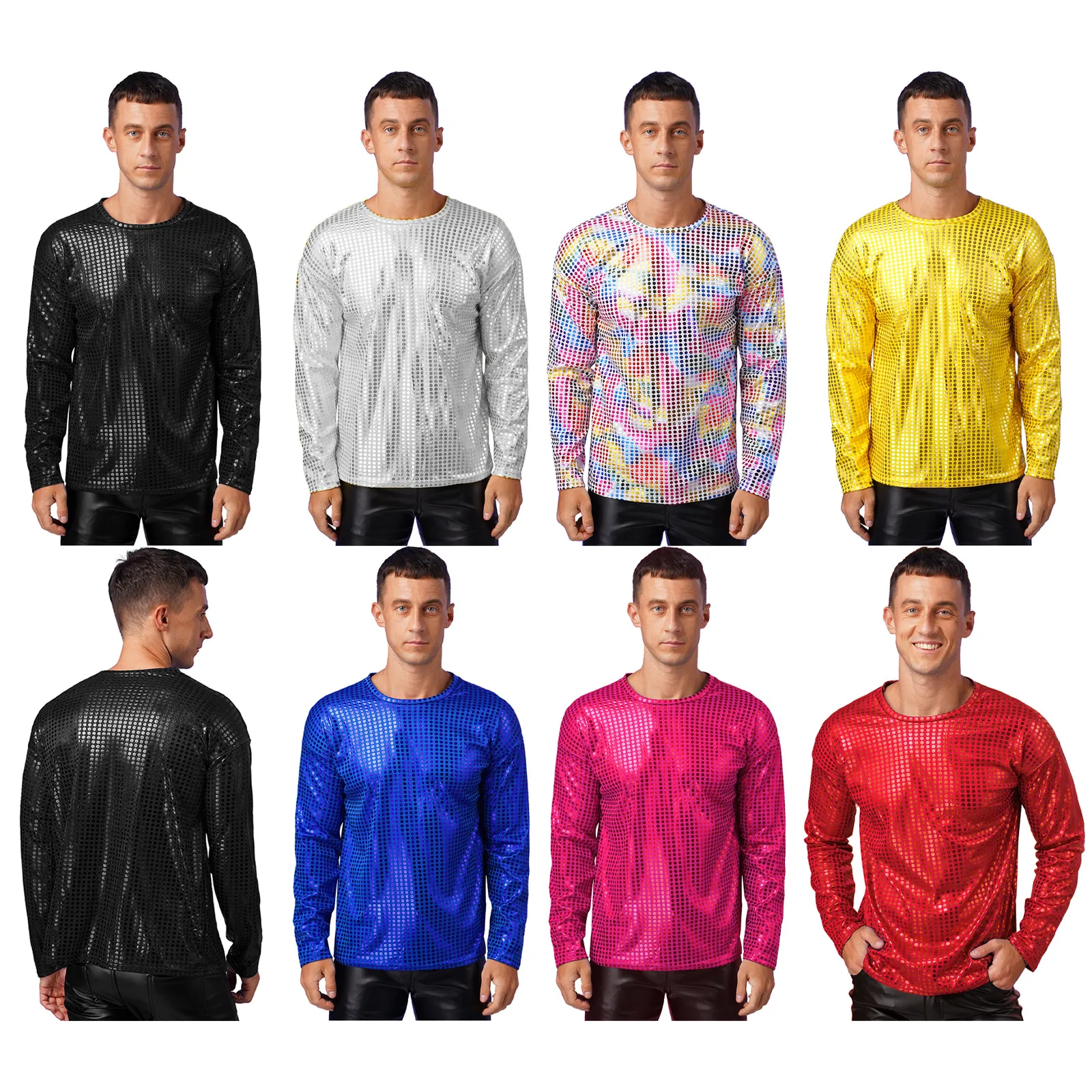 Mens Shirts Shiny Sequins T Shirts Nightclub Stage Costumes Long Sleeve Solid Shirt Top for Stage Performance Party Clubwear