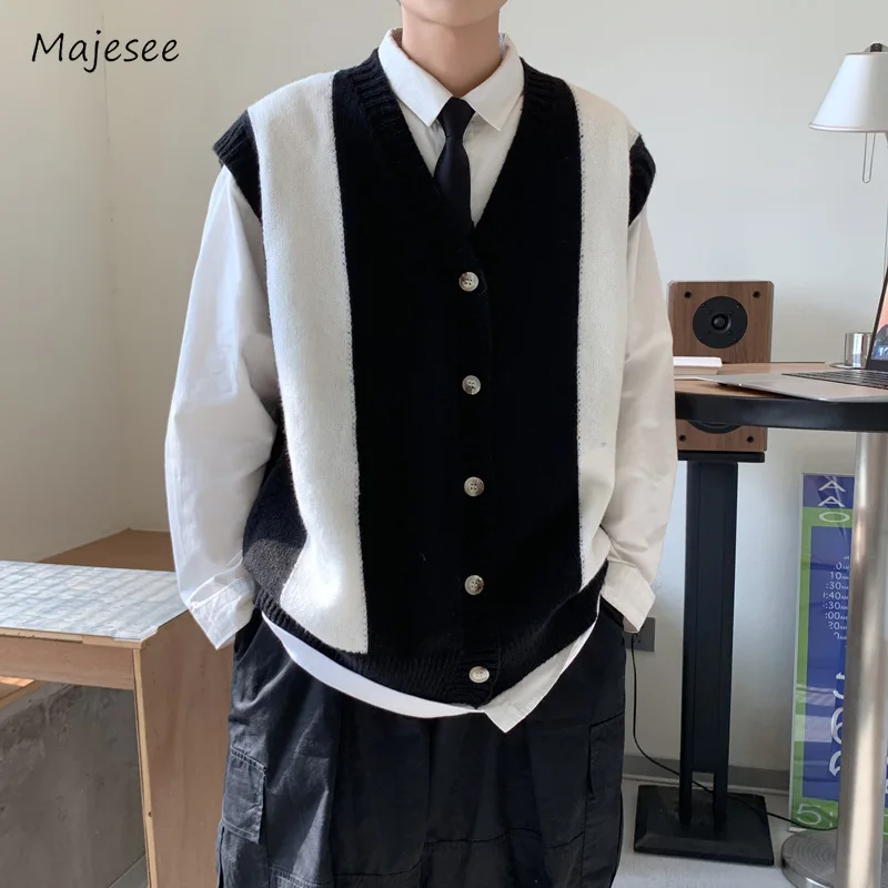 

Preppy Sweater Vest Men Youthful Fashion Unisex Spring Autumn Patchwork Contrast Color Japanese Style Student Retro Classic Chic