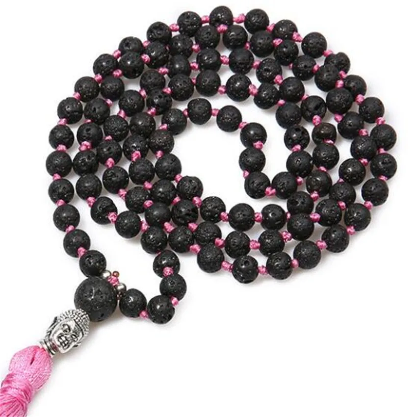 

6mm Lava Stone Gemstone 108 Beads Tassels Mala Necklace Prayer Yoga Mala Choker Lariat Women Wood Fashion Metal Men