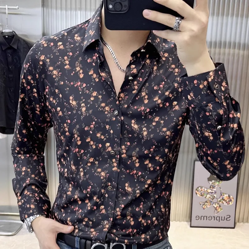 Trendy Spring New Men\'s Colored Shirt European Fashion Printed Elastic Slim Fit Long Sleeved Shirt Casual Business Camisa Hombre