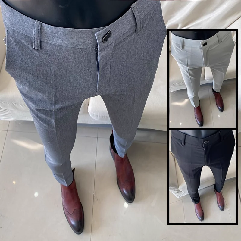 

Летние легкие тонкие мужские брюки 2026: Новые высококачественные мужские классические деловые офисные повседневные брюки однотонного цвета, зауженного кроя