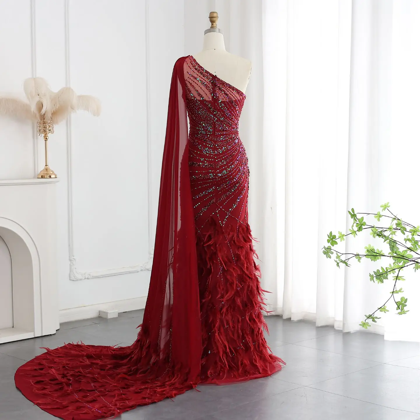 Sharon Said Luxuriöses, federbesetztes, türkisfarbenes, schulterfreies Meerjungfrauen-Abendkleid mit Cape, arabisches Ballkleid, Hochzeitskleid, SS498, maßgeschneidert – Detail 19