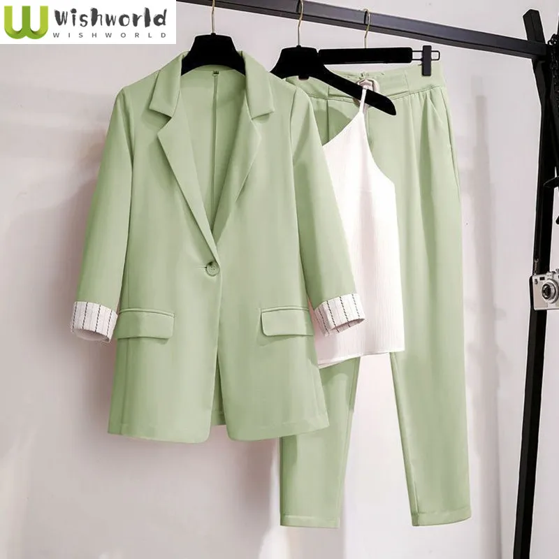 2023 Summer Thin Jacket Blazer Casual Pants White Vest 3pcs Set Elegant Women Pants Suit Office Work Clothes Outfits Tracksuit