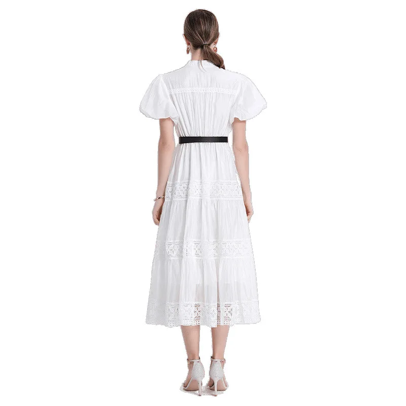 Long Lace Hollow out Bubble Sve round Ne Vintage Dr Spring Thiened Elastic Waist Other Material Dr Women's Faion