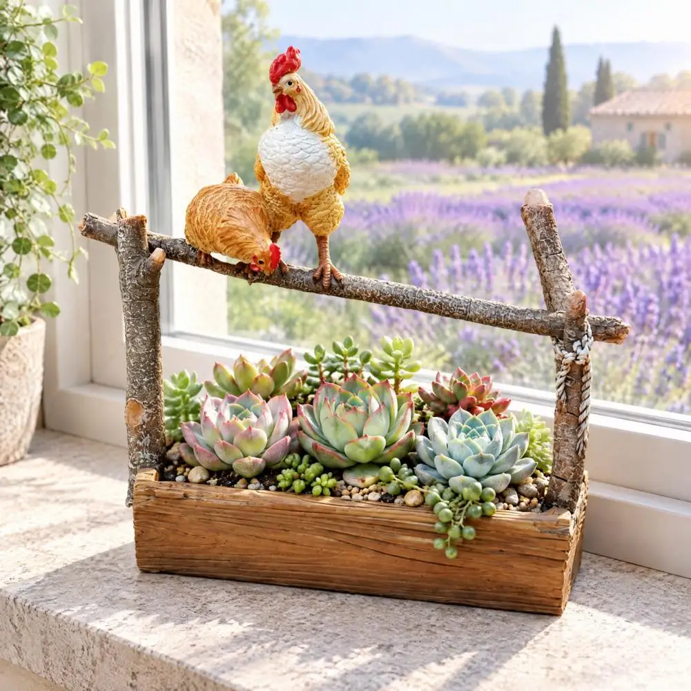 Chic Resin Craft Gift Rustic Farmhouse Double Rooster Planter Resin Succulent Pot for Micro Landscape Pastoral Style Water Plant