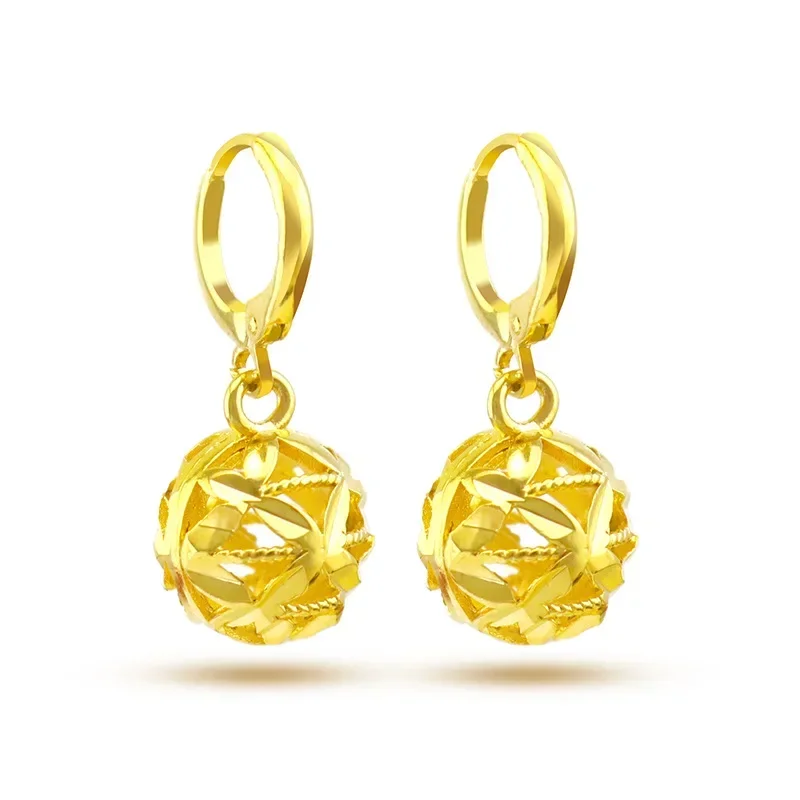 

9999 Real Gold 24K Japanese and Korean Fashion Women's Hydrangea Earrings Real Gold Ethnic Style Hollow Flower Ball Earrings