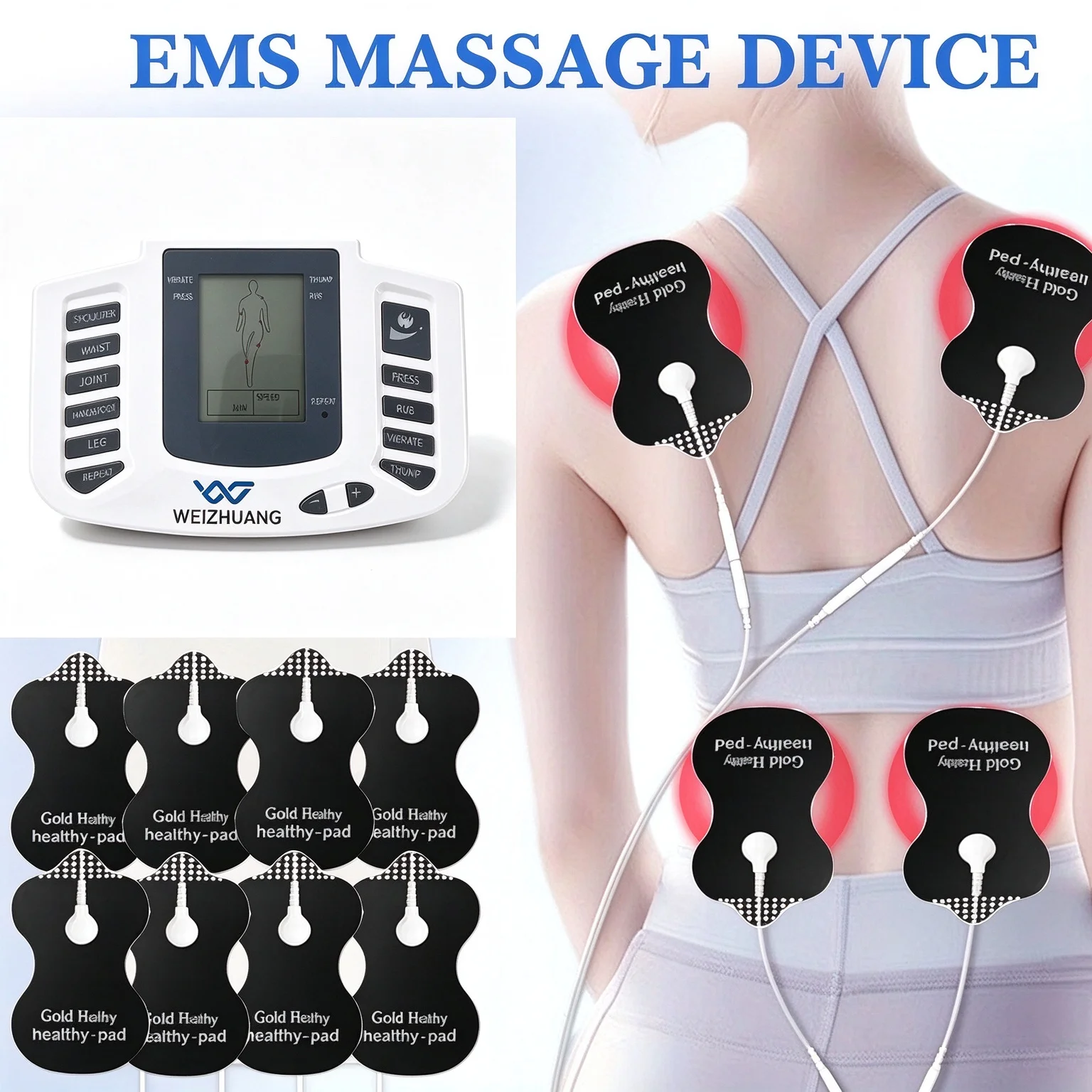 1 Main Unit + 2 Connecting Cables + 8 Pads + 1 USB Cable) Dual-Port Ems Massager, Acupuncture Equipment, with Electronic Pulse Microcurrent Relaxation Function, Home Fitness Equipment and Stickers, Suitable for Home and Travel Use, White, Travel Massage Tool, Streamlined Design, Durable Silicone Material