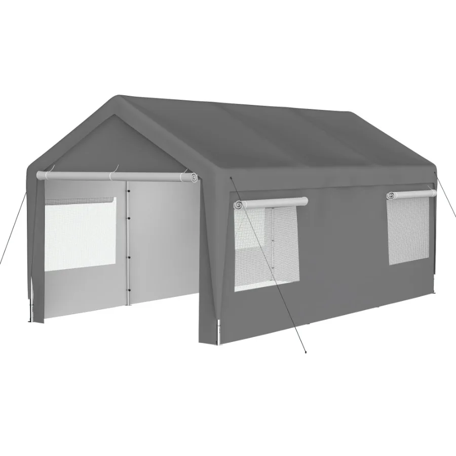

Heavy Duty Steel Canopy Tent for Garage Carport Use, Gray, with Roll-up Ventilated Windows and Removable Sidewall Doors