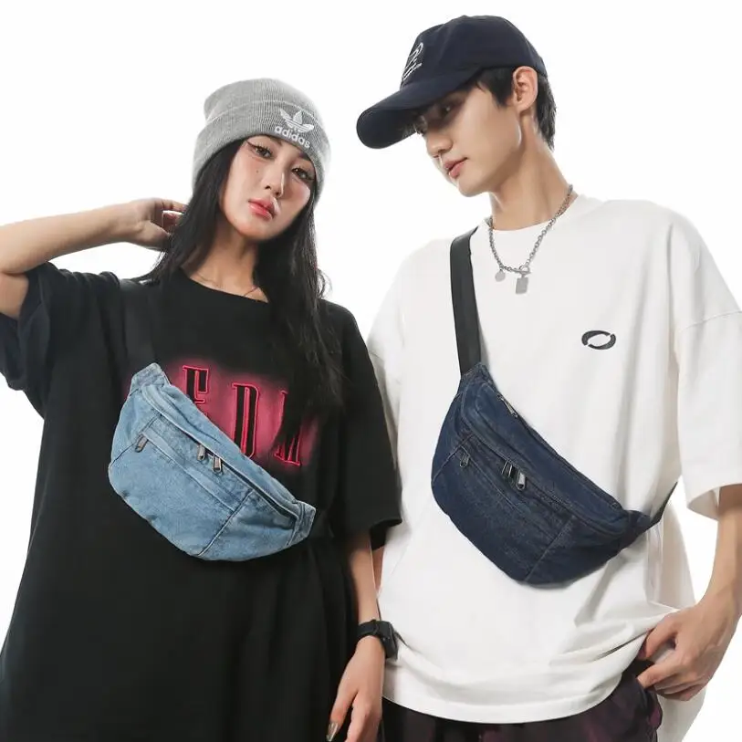 

Men's/Women's Retro Denim Waist Bag Chest Bag Couple Canvas Shoulder Bag Female Outdoor Casual Hip-Hop Crossbody Bag