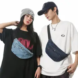 Men's/Women's Retro Denim Waist Bag Chest Bag Couple Canvas Shoulder Bag Female Outdoor Casual Hip-Hop Crossbody Bag