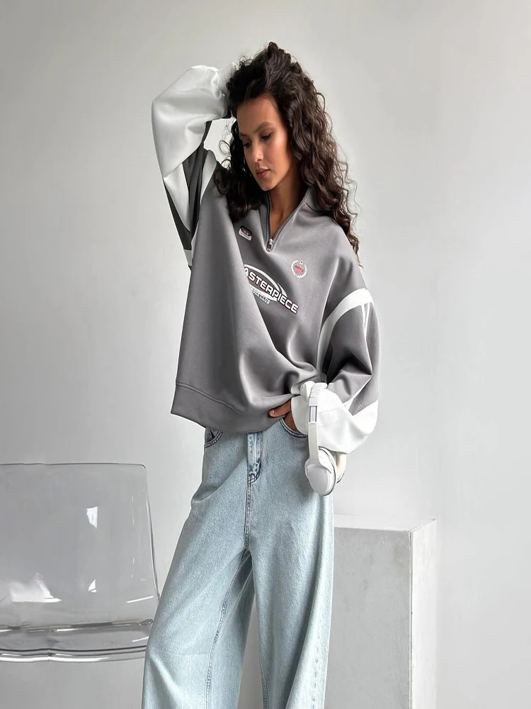 

Yaminiya Autumn/winter Fashion Women's Retro Half Zipper Stand Up Collar Sports Hoodie Trendy Brand Street Fashion Letter Top