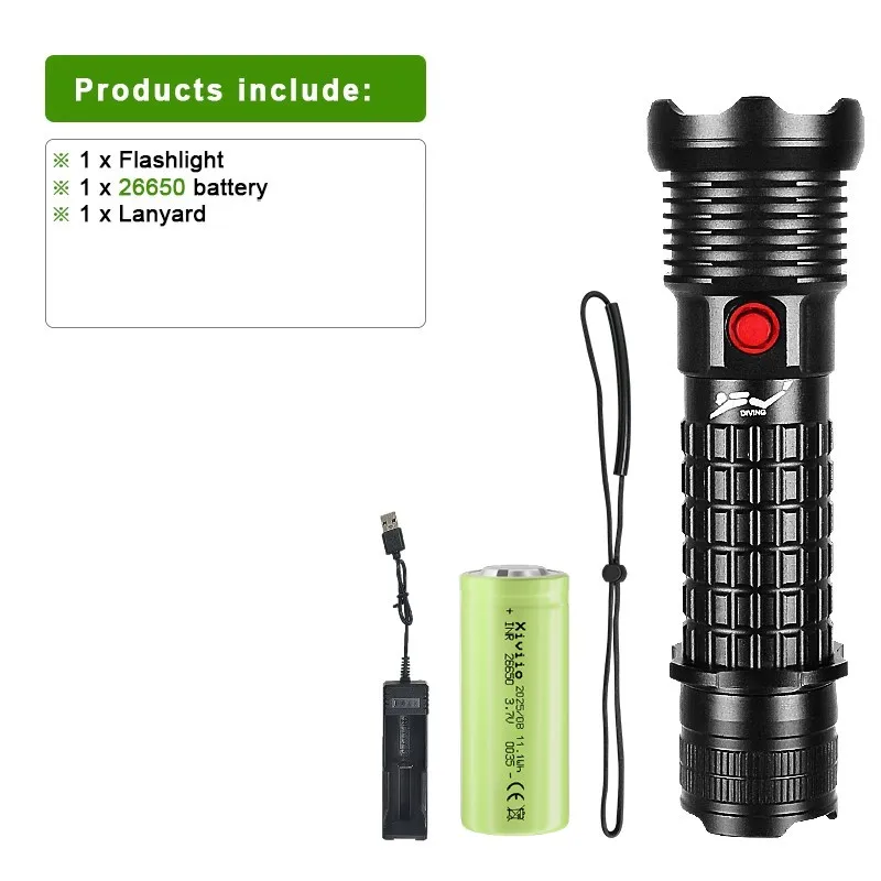 Linterna de buceo profesional para pesca submarina, caza, buceo XHP199, luz LED para buceo de 9900 lúmenes, linterna subacuática 26650