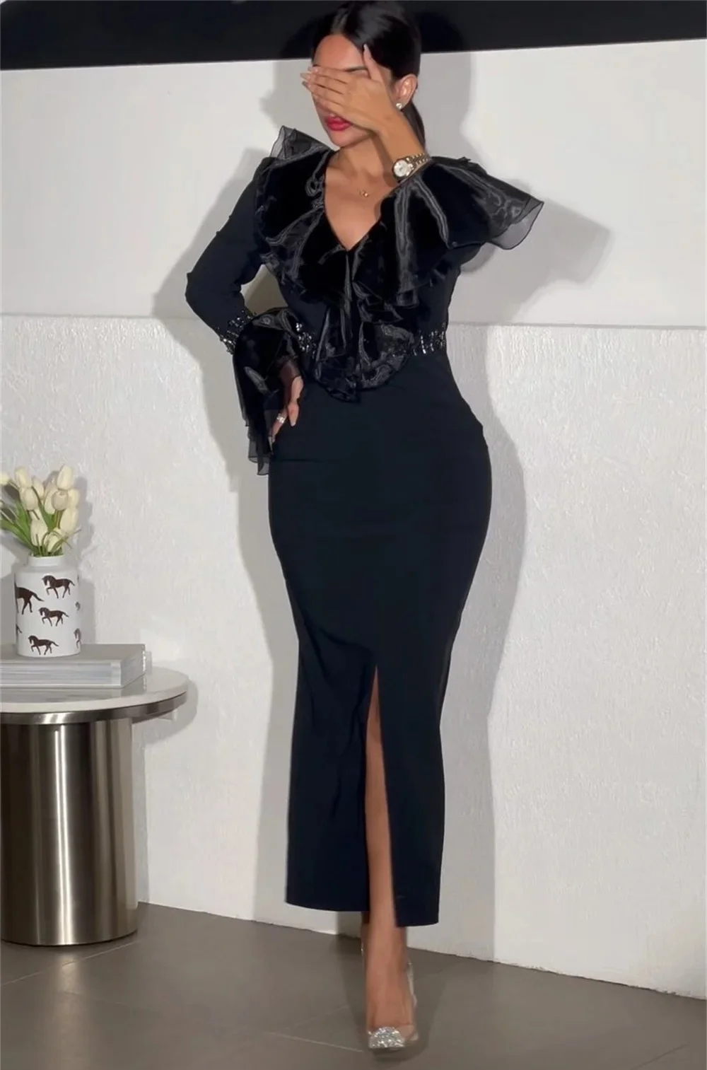 Vestido de ocasión a medida de manga larga con abertura negra, vestidos de noche Pastrol, Jersey Unisex, Retro, Dubai, Arabia Saudí, graduación personalizado