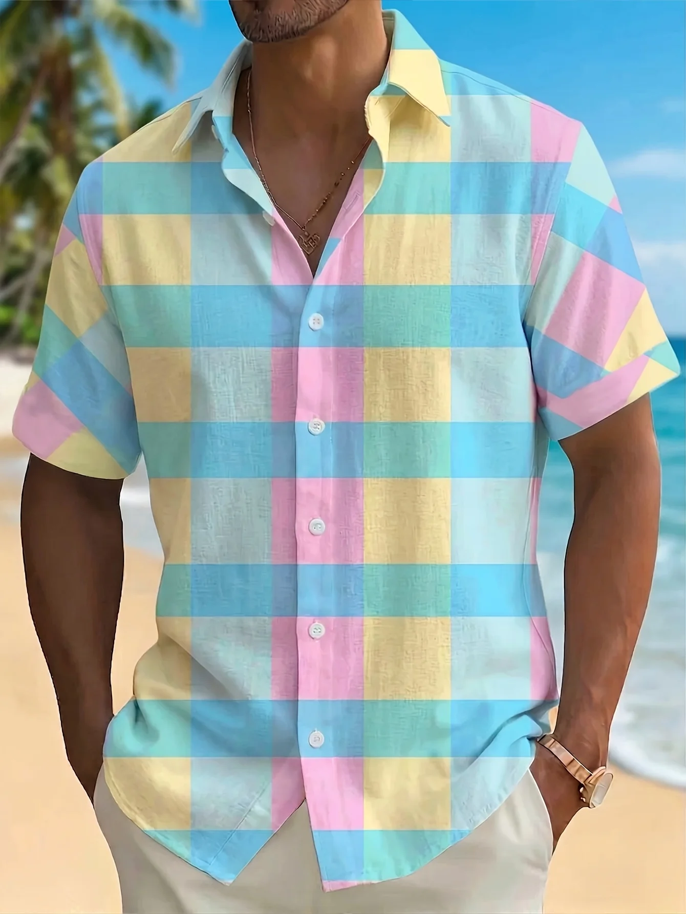 Men's Shirt Pastel Color Gingham Plaid Print Short Sleeve Button Down Casual Beach Vacation Mens Clothing