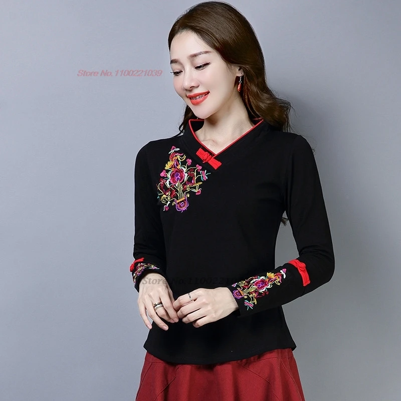 

Рубашка с вышивкой в стиле национальных цветов 2026 года, с V-образным вырезом, в этническом стиле, винтажная, в стиле ханьфу, ретро-топ, базовая рубашка, этническая уличная одежда