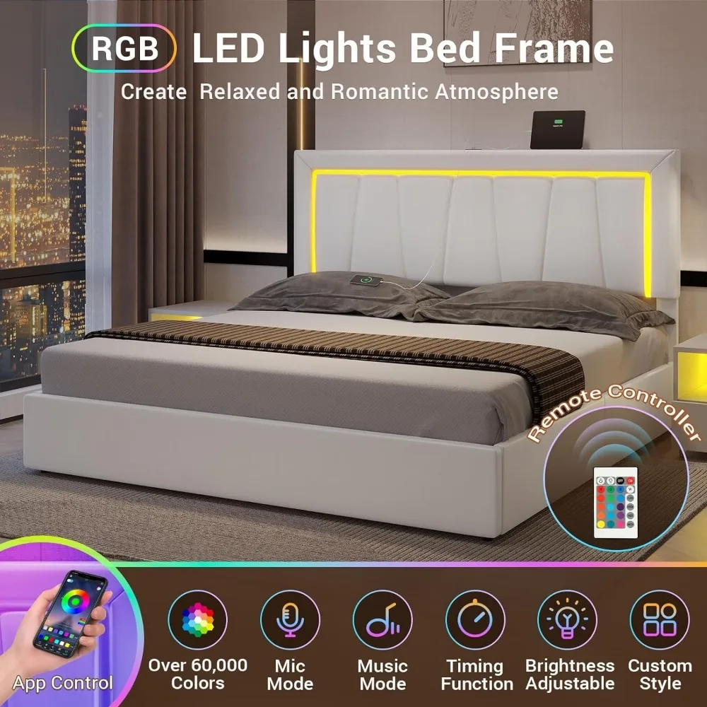 California King-White Bed Frame com gavetas de armazenamento e luzes led, estofados plataforma de armazenamento com USB e cabeceira, 4 cabeceiras